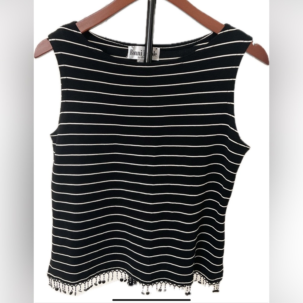 Ronni Nicole Elegant Women's Black and White Striped Tank Top with beaded trim .